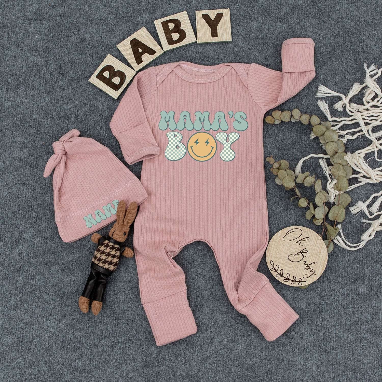 Custom Mama's Boy Baby Outfit Smiling Sun Design Newborn Gift Romper Set Personalized Name Teal and Blue Polka Dot Bodysuit