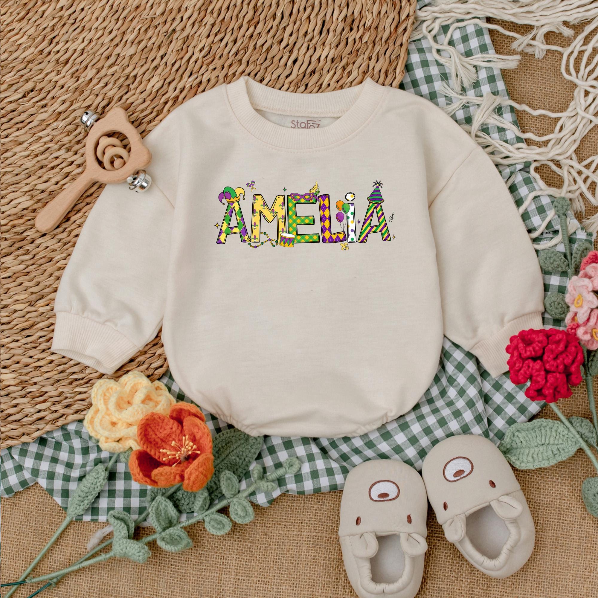 Custom Mardi Gras Baby Romper Personalized Name Outfit Infant Party Clothes Purple Green Gold Festive Cotton Comfortable Kids Wear