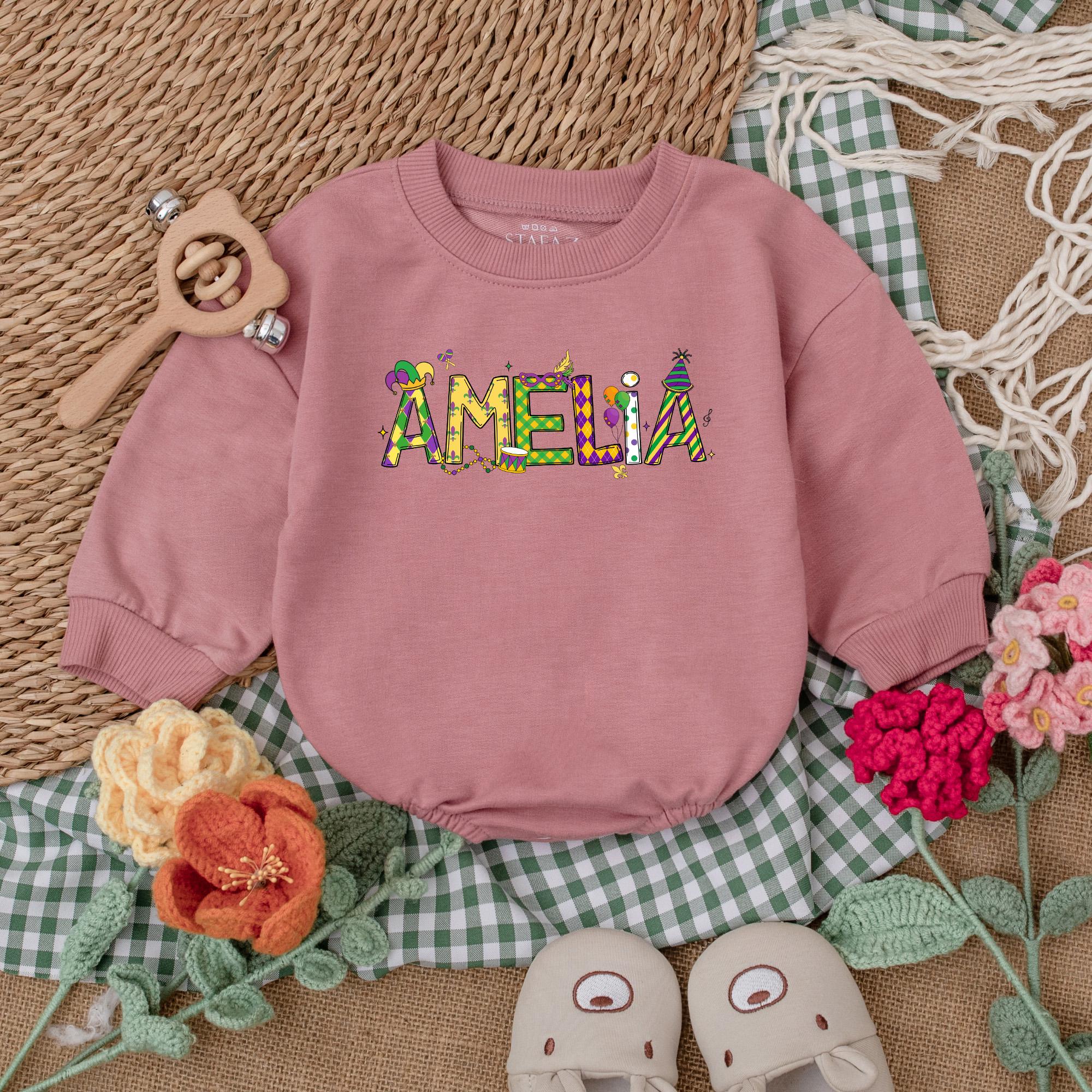 Custom Mardi Gras Baby Romper Personalized Name Outfit Infant Party Clothes Purple Green Gold Festive Cotton Comfortable Kids Wear