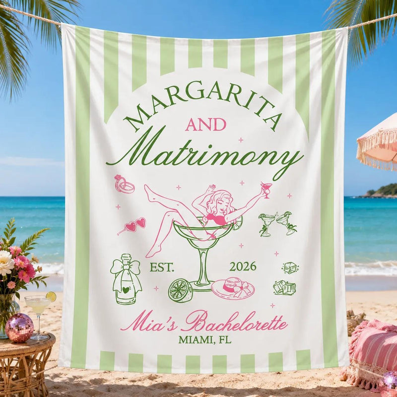 Custom Margarita Bachelorette Silk Banner with Green Stripes, Retro Cocktail Artwork, Mia's Miami Beach Party Backdrop, August 2026