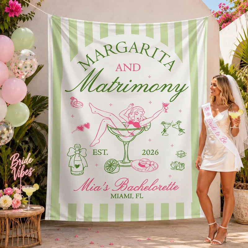 Custom Margarita Bachelorette Silk Banner with Green Stripes, Retro Cocktail Artwork, Mia's Miami Beach Party Backdrop, August 2026
