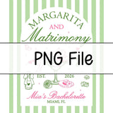 Custom Margarita Bachelorette Silk Banner with Green Stripes, Retro Cocktail Artwork, Mia's Miami Beach Party Backdrop, August 2026