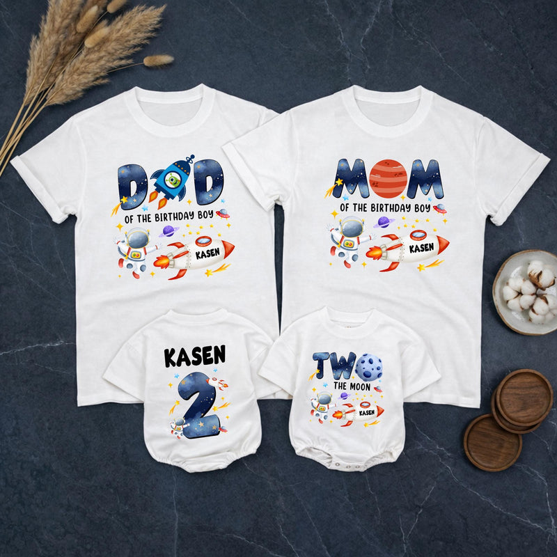 Custom Matching Family Astronaut Birthday Shirts, Two the Moon Toddler Romper & Mom Dad Tees, Soft Cotton for 2nd Birthday Party Outfit