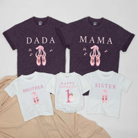 Custom Matching Family Ballet Shirts with Pink Ballet Shoes, 1st Birthday Girl Bodysuit for Baby, Mom, Dad, Siblings, Soft Cotton Outfit