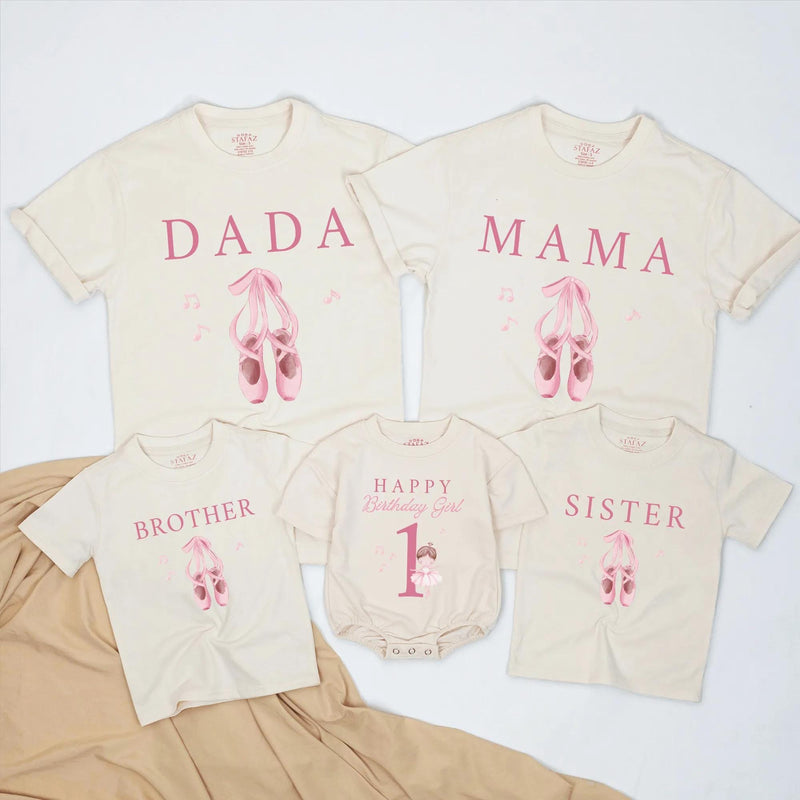 Custom Matching Family Ballet Shirts with Pink Ballet Shoes, 1st Birthday Girl Bodysuit for Baby, Mom, Dad, Siblings, Soft Cotton Outfit