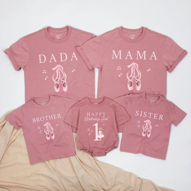 Custom Matching Family Ballet Shirts with Pink Ballet Shoes, 1st Birthday Girl Bodysuit for Baby, Mom, Dad, Siblings, Soft Cotton Outfit