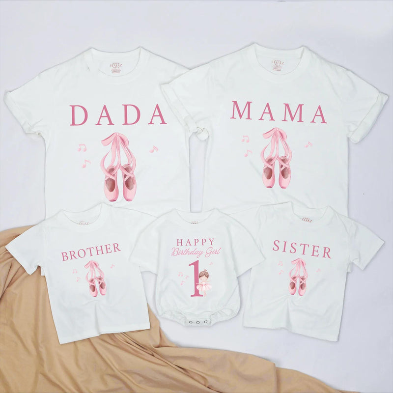 Custom Matching Family Ballet Shirts with Pink Ballet Shoes, 1st Birthday Girl Bodysuit for Baby, Mom, Dad, Siblings, Soft Cotton Outfit