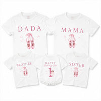 Custom Matching Family Ballet Shirts with Pink Ballet Shoes, 1st Birthday Girl Bodysuit for Baby, Mom, Dad, Siblings, Soft Cotton Outfit
