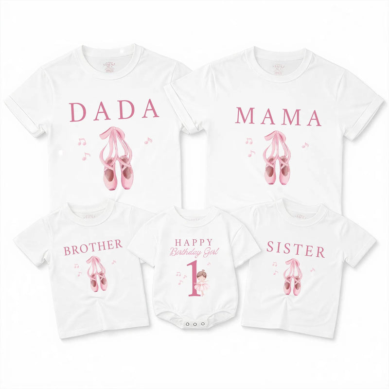 Custom Matching Family Ballet Shirts with Pink Ballet Shoes, 1st Birthday Girl Bodysuit for Baby, Mom, Dad, Siblings, Soft Cotton Outfit