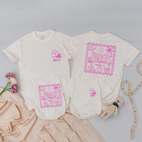 Custom Matching Family Beach Trip Shirts with Pink Tropical Artwork, Soft Cotton Tees & Bodysuits for Kids, Baby, Mom, Dad, Vacation Outfit