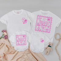 Custom Matching Family Beach Trip Shirts with Pink Tropical Artwork, Soft Cotton Tees & Bodysuits for Kids, Baby, Mom, Dad, Vacation Outfit