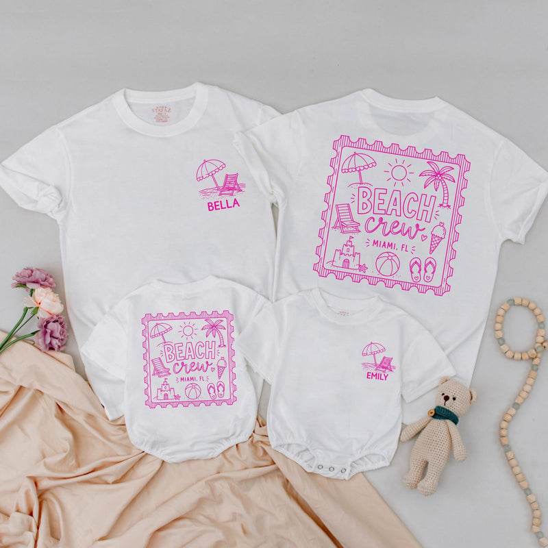 Custom Matching Family Beach Trip Shirts with Pink Tropical Artwork, Soft Cotton Tees & Bodysuits for Kids, Baby, Mom, Dad, Vacation Outfit