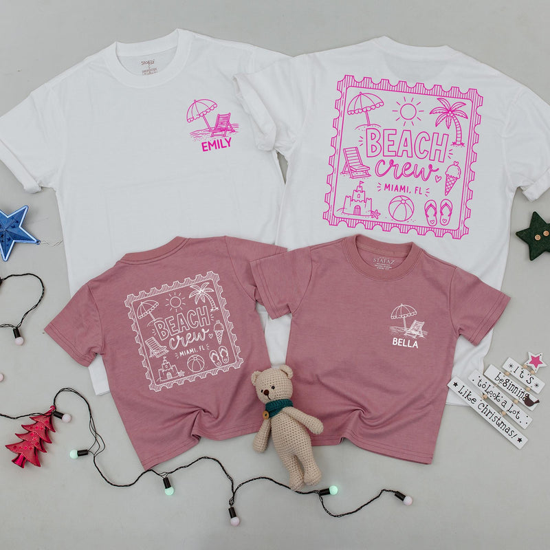 Custom Matching Family Beach Trip Shirts with Pink Tropical Artwork, Soft Cotton Tees & Bodysuits for Kids, Baby, Mom, Dad, Vacation Outfit