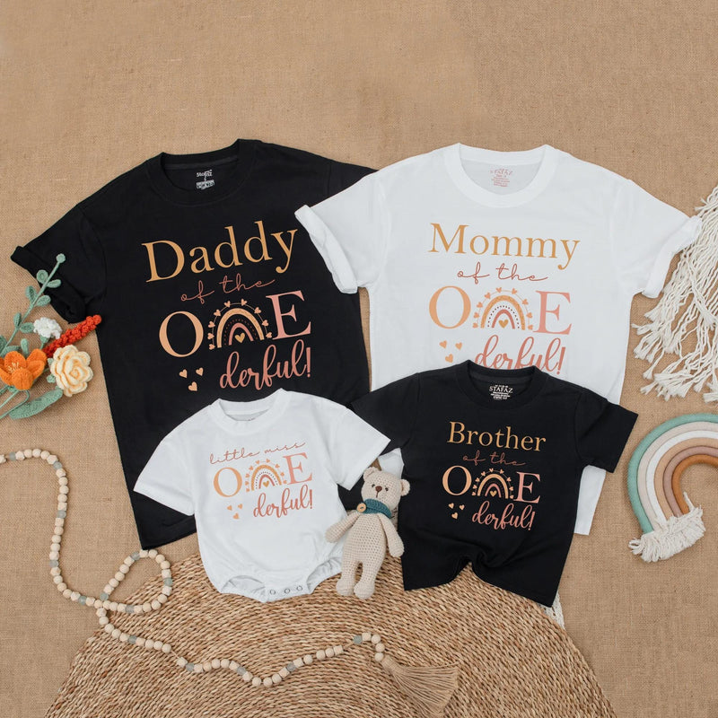 Custom Matching Family Birthday Shirts with Boho Rainbow Artwork, Soft Cotton Short Sleeve for Baby, Kids, Mom, Dad - Perfect 1st Birthday Outfit