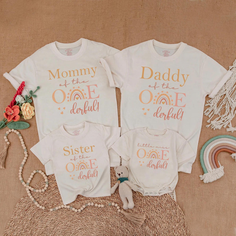 Custom Matching Family Birthday Shirts with Boho Rainbow Artwork, Soft Cotton Short Sleeve for Baby, Kids, Mom, Dad - Perfect 1st Birthday Outfit