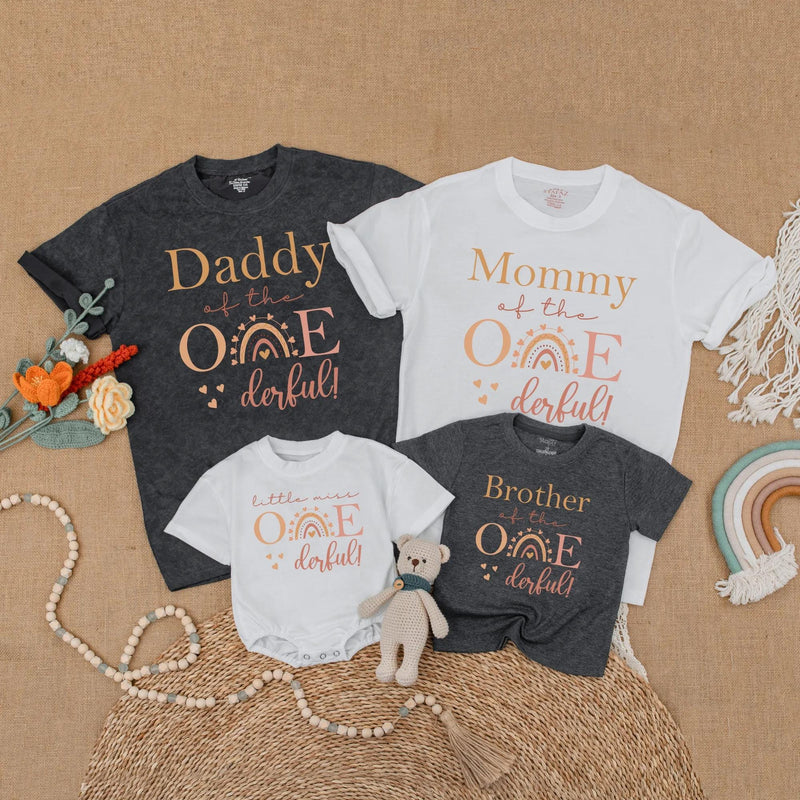 Custom Matching Family Birthday Shirts with Boho Rainbow Artwork, Soft Cotton Short Sleeve for Baby, Kids, Mom, Dad - Perfect 1st Birthday Outfit