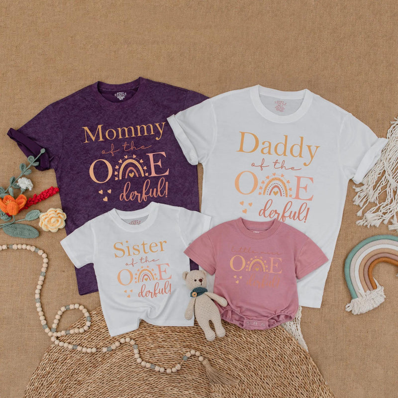 Custom Matching Family Birthday Shirts with Boho Rainbow Artwork, Soft Cotton Short Sleeve for Baby, Kids, Mom, Dad - Perfect 1st Birthday Outfit