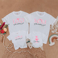 Custom Matching Family Birthday Shirts with Pink Bow Design, Soft Cotton Outfits for Mom, Dad, Baby Girl, 1st Birthday Party Gift
