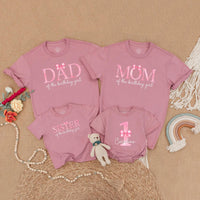 Custom Matching Family Birthday Shirts with Pink Bow Design, Soft Cotton Outfits for Mom, Dad, Baby Girl, 1st Birthday Party Gift