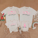 Custom Matching Family Birthday Shirts with Pink Bow Design, Soft Cotton Outfits for Mom, Dad, Baby Girl, 1st Birthday Party Gift
