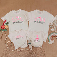 Custom Matching Family Birthday Shirts with Pink Bow Design, Soft Cotton Outfits for Mom, Dad, Baby Girl, 1st Birthday Party Gift