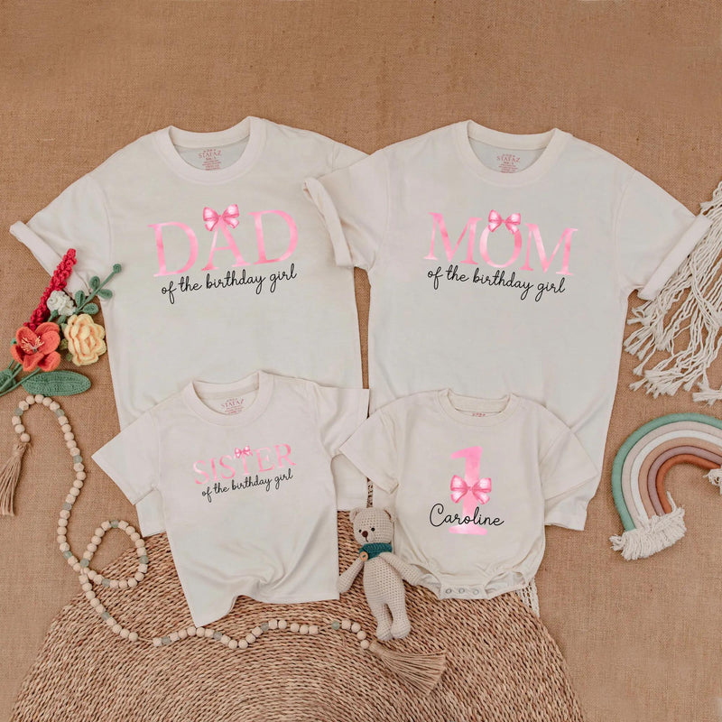 Custom Matching Family Birthday Shirts with Pink Bow Design, Soft Cotton Outfits for Mom, Dad, Baby Girl, 1st Birthday Party Gift