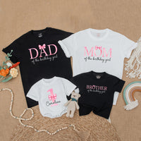 Custom Matching Family Birthday Shirts with Pink Bow Design, Soft Cotton Outfits for Mom, Dad, Baby Girl, 1st Birthday Party Gift