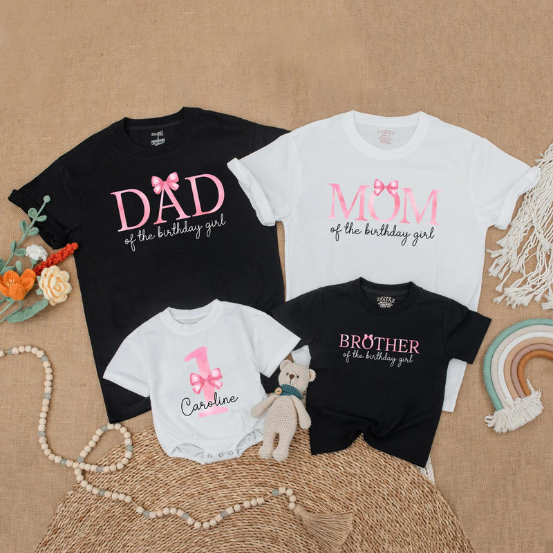 Custom Matching Family Birthday Shirts with Pink Bow Design, Soft Cotton Outfits for Mom, Dad, Baby Girl, 1st Birthday Party Gift