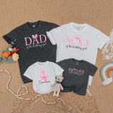 Custom Matching Family Birthday Shirts with Pink Bow Design, Soft Cotton Outfits for Mom, Dad, Baby Girl, 1st Birthday Party Gift