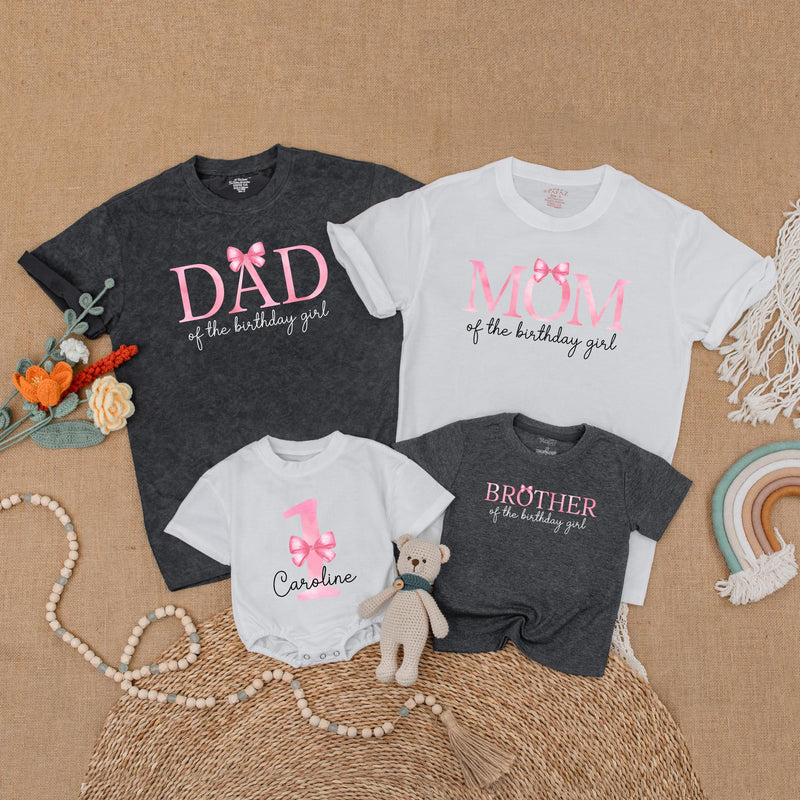 Custom Matching Family Birthday Shirts with Pink Bow Design, Soft Cotton Outfits for Mom, Dad, Baby Girl, 1st Birthday Party Gift