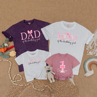 Custom Matching Family Birthday Shirts with Pink Bow Design, Soft Cotton Outfits for Mom, Dad, Baby Girl, 1st Birthday Party Gift