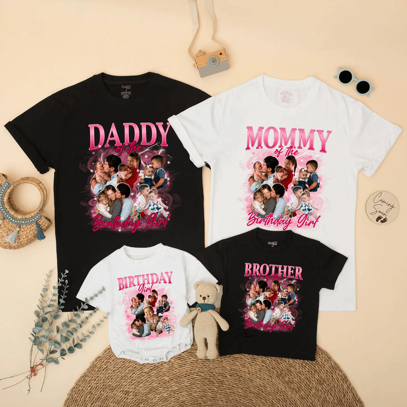 Custom Matching Family Birthday Shirts with Retro 90s Rap Photo Design, Daddy Mommy Kids Outfits, Soft Cotton Tee for Birthday Celebrations