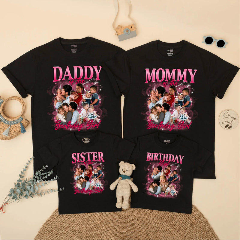Custom Matching Family Birthday Shirts with Retro 90s Rap Photo Design, Daddy Mommy Kids Outfits, Soft Cotton Tee for Birthday Celebrations