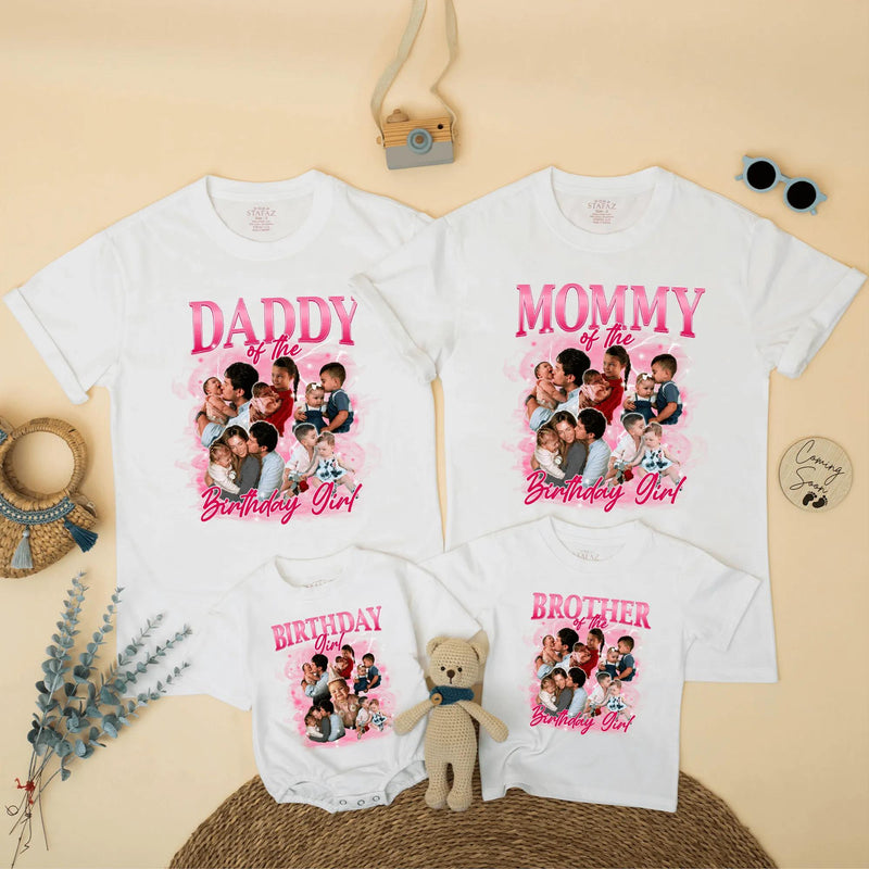 Custom Matching Family Birthday Shirts with Retro 90s Rap Photo Design, Daddy Mommy Kids Outfits, Soft Cotton Tee for Birthday Celebrations