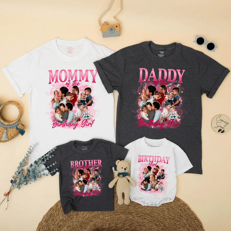 Custom Matching Family Birthday Shirts with Retro 90s Rap Photo Design, Daddy Mommy Kids Outfits, Soft Cotton Tee for Birthday Celebrations