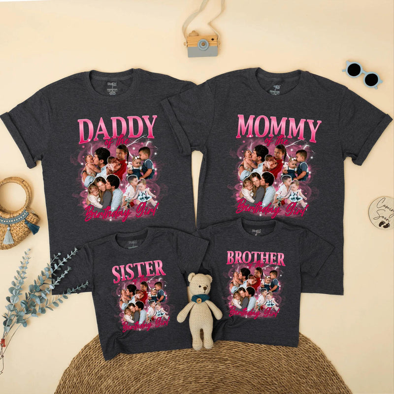 Custom Matching Family Birthday Shirts with Retro 90s Rap Photo Design, Daddy Mommy Kids Outfits, Soft Cotton Tee for Birthday Celebrations
