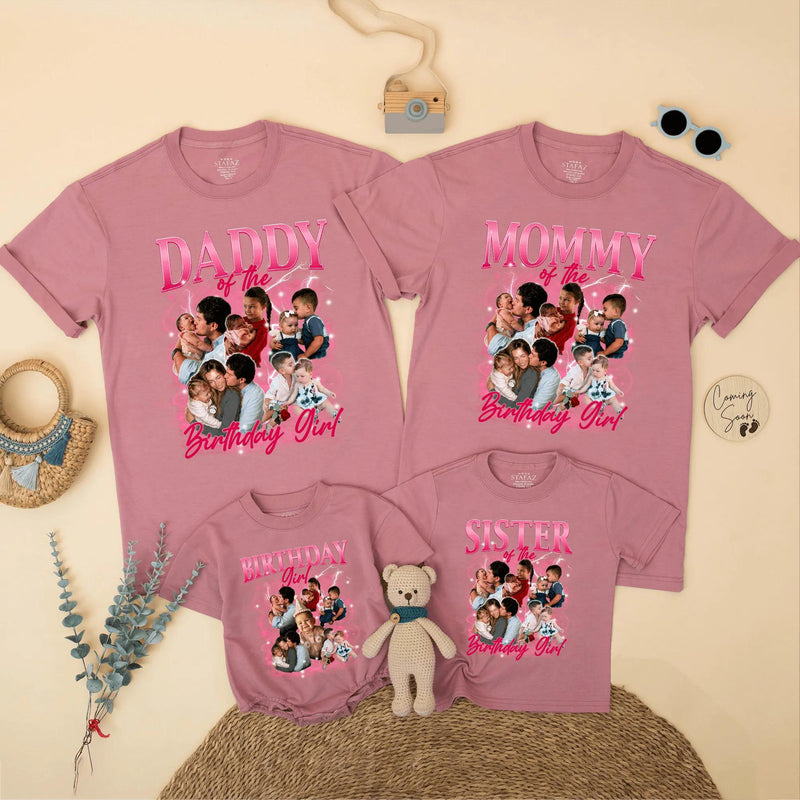 Custom Matching Family Birthday Shirts with Retro 90s Rap Photo Design, Daddy Mommy Kids Outfits, Soft Cotton Tee for Birthday Celebrations