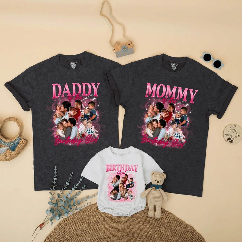Custom Matching Family Birthday Shirts with Retro 90s Rap Photo Design, Daddy Mommy Kids Outfits, Soft Cotton Tee for Birthday Celebrations