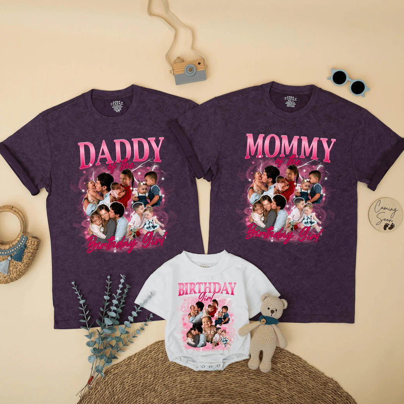 Custom Matching Family Birthday Shirts with Retro 90s Rap Photo Design, Daddy Mommy Kids Outfits, Soft Cotton Tee for Birthday Celebrations