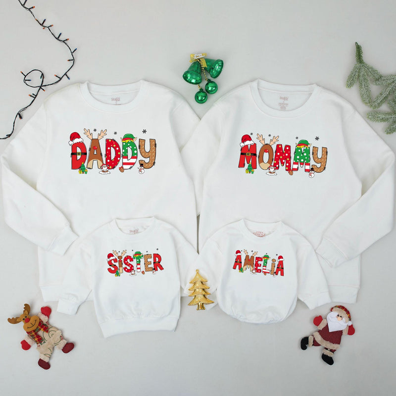 Custom Matching Family Christmas Sweatshirts with Santa and Reindeer Artwork, Soft Cotton Holiday Sweater for Mom, Dad, Kids, or Baby