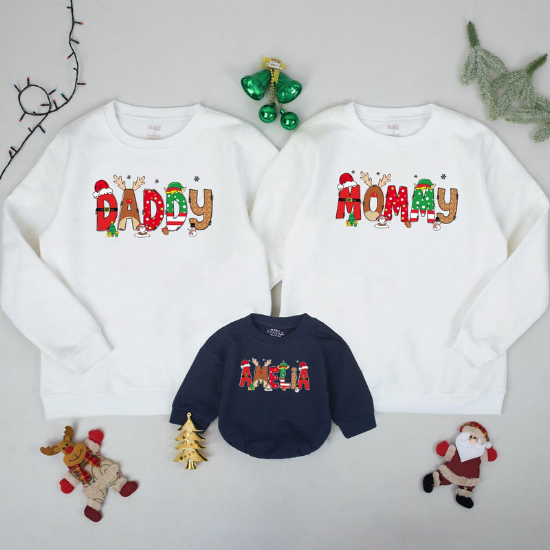 Custom Matching Family Christmas Sweatshirts with Santa and Reindeer Artwork, Soft Cotton Holiday Sweater for Mom, Dad, Kids, or Baby