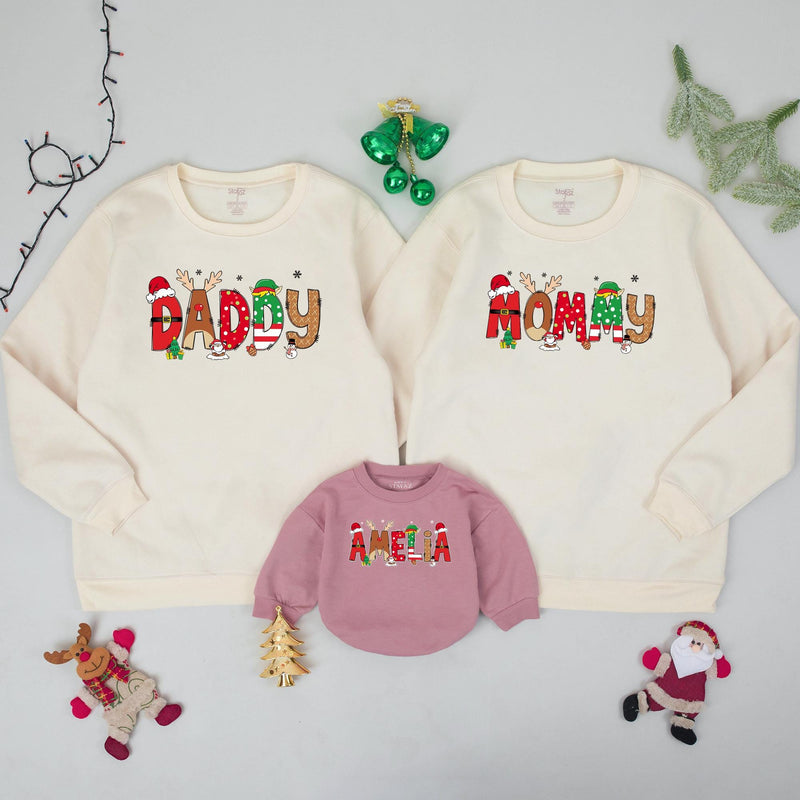 Custom Matching Family Christmas Sweatshirts with Santa and Reindeer Artwork, Soft Cotton Holiday Sweater for Mom, Dad, Kids, or Baby