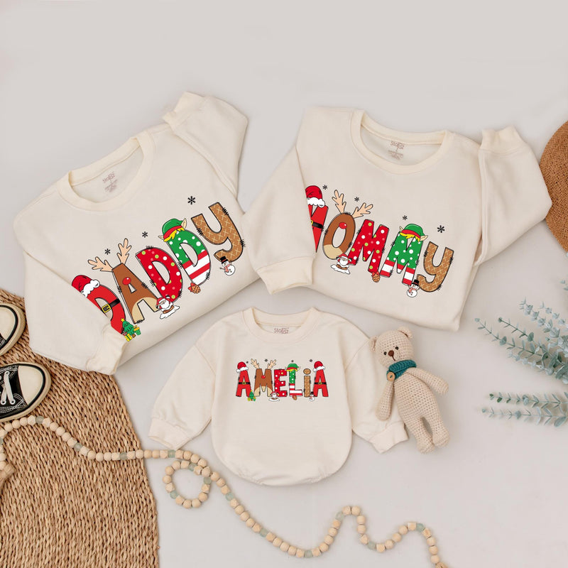 Custom Matching Family Christmas Sweatshirts with Santa and Reindeer Artwork, Soft Cotton Holiday Sweater for Mom, Dad, Kids, or Baby