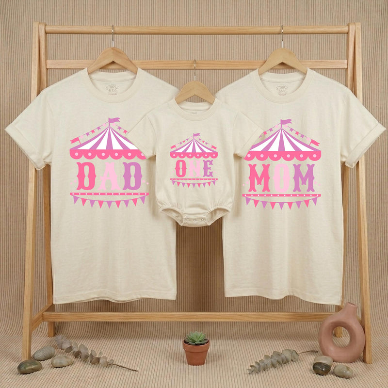 Custom Matching Family Circus Shirts for Dad, Mom & Baby, Pink Carnival Tent Design, Soft Cotton Birthday Outfit for First Milestone