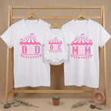 Custom Matching Family Circus Shirts for Dad, Mom & Baby, Pink Carnival Tent Design, Soft Cotton Birthday Outfit for First Milestone