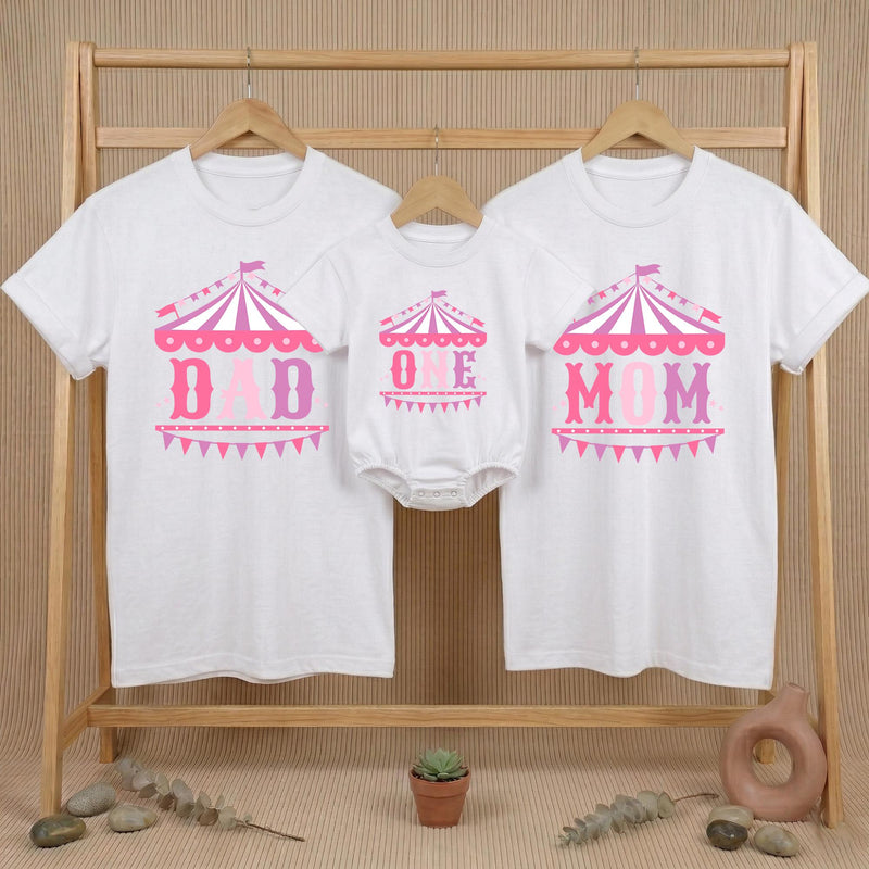 Custom Matching Family Circus Shirts for Dad, Mom & Baby, Pink Carnival Tent Design, Soft Cotton Birthday Outfit for First Milestone