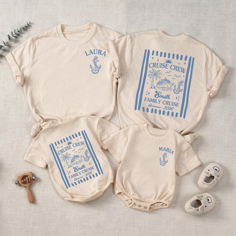 Custom Matching Family Cruise Crew Shirts and Baby Rompers, Vintage Summer 2026 Design, Soft Cotton Tee for Mom, Dad, Kids, and Baby