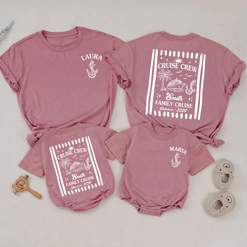 Custom Matching Family Cruise Crew Shirts and Baby Rompers, Vintage Summer 2026 Design, Soft Cotton Tee for Mom, Dad, Kids, and Baby