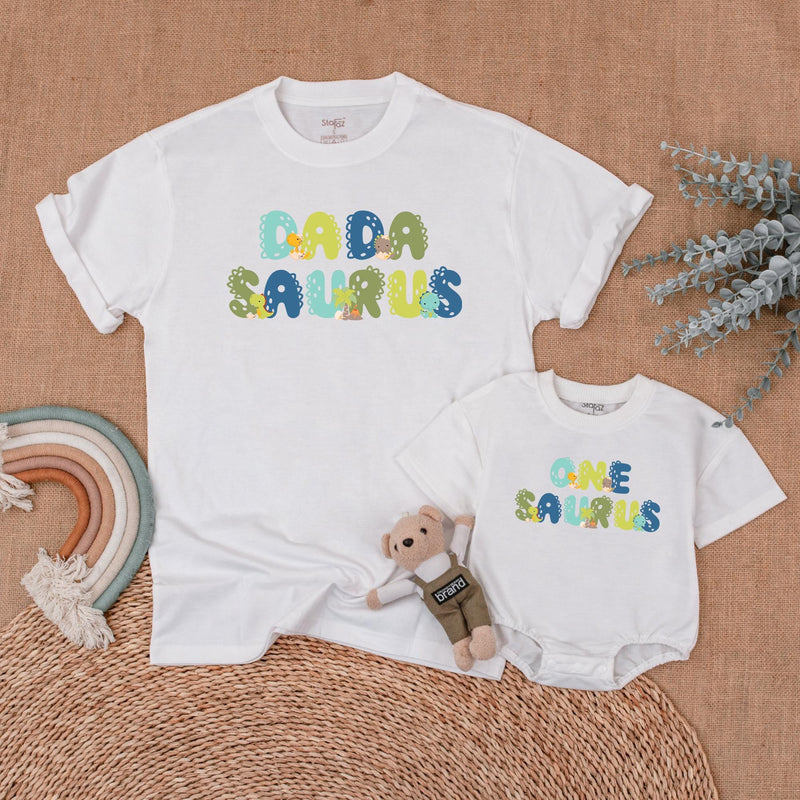 Custom Matching Family Dinosaur Shirts, Mama Saurus, Dada Saurus, One Saurus Romper, Soft Cotton Birthday Outfit for Baby, Toddler, Kids