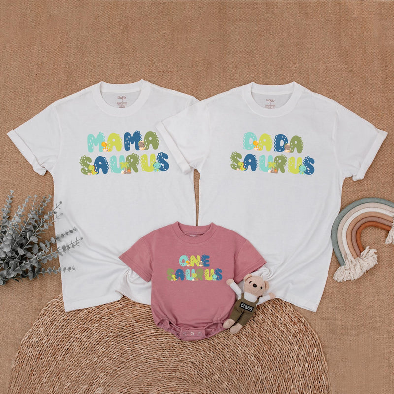 Custom Matching Family Dinosaur Shirts, Mama Saurus, Dada Saurus, One Saurus Romper, Soft Cotton Birthday Outfit for Baby, Toddler, Kids